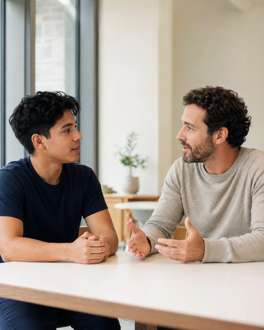 Two adults in conversation as equals, practicing English and Spanish